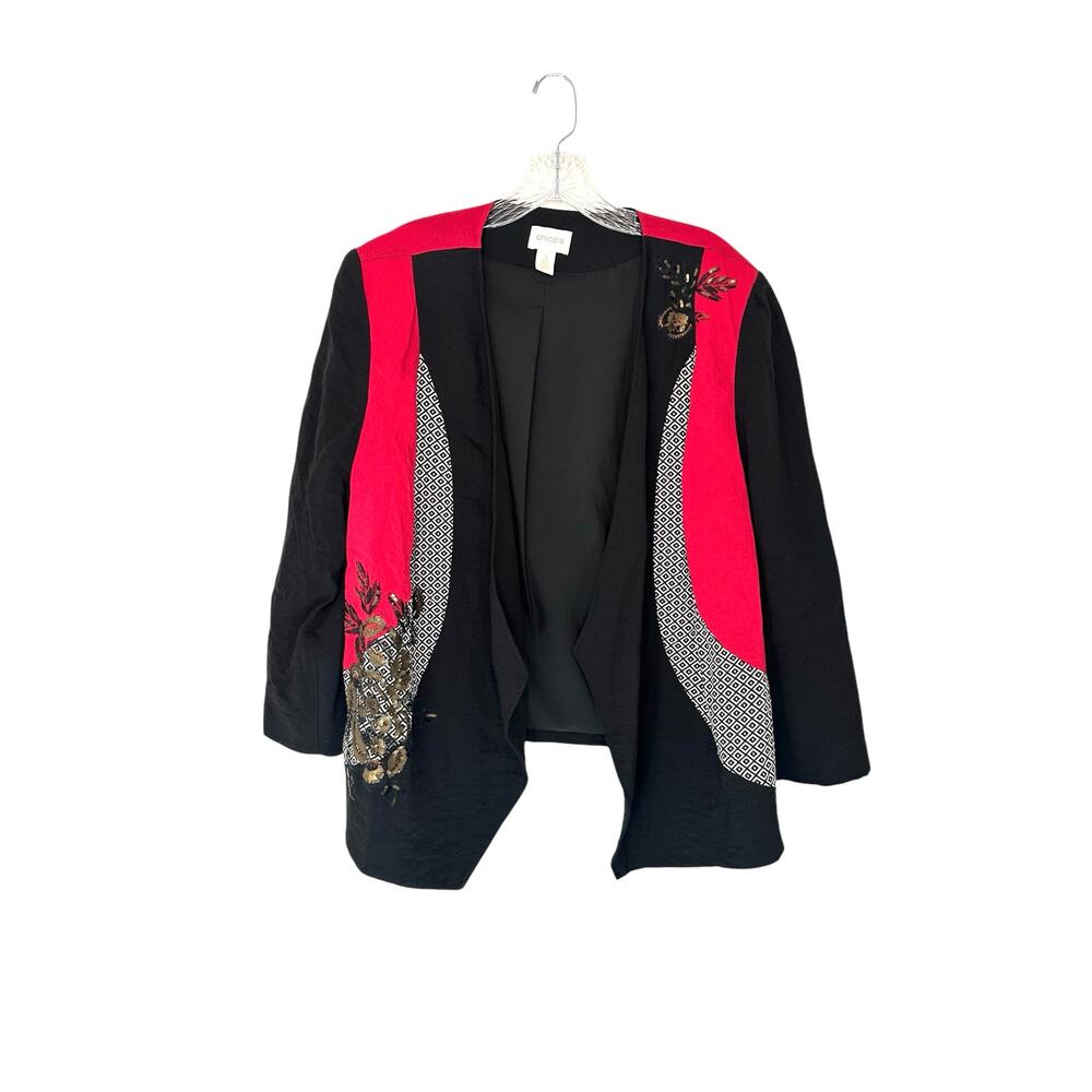 Chico's Blazer Black Red‎ Art To Wear Mixed Media Sequin Open Front Relaxed XL